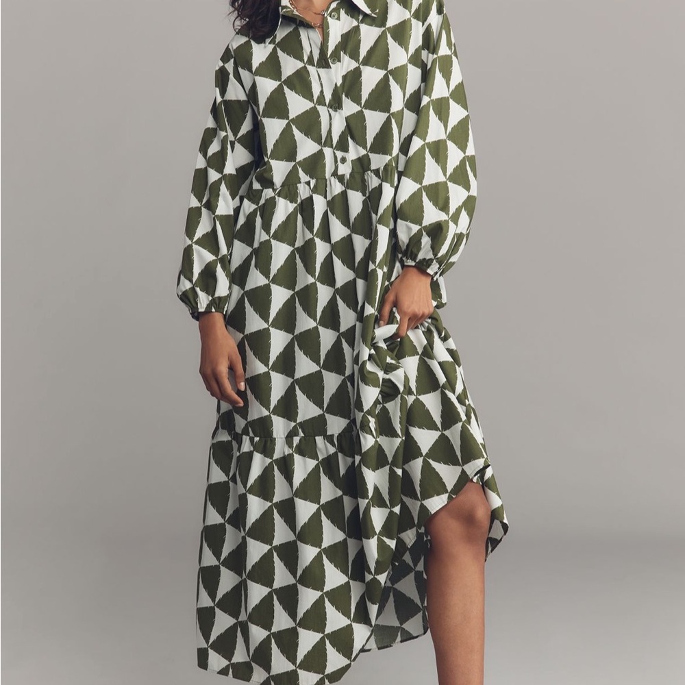 Anthropologie Maeve Olive and White Long Sleeve Dress